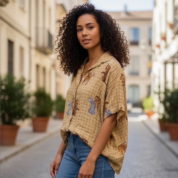 Jane Delancey Short Sleeve Button Up Tiger Shirt / Top - Picture 4 of 4